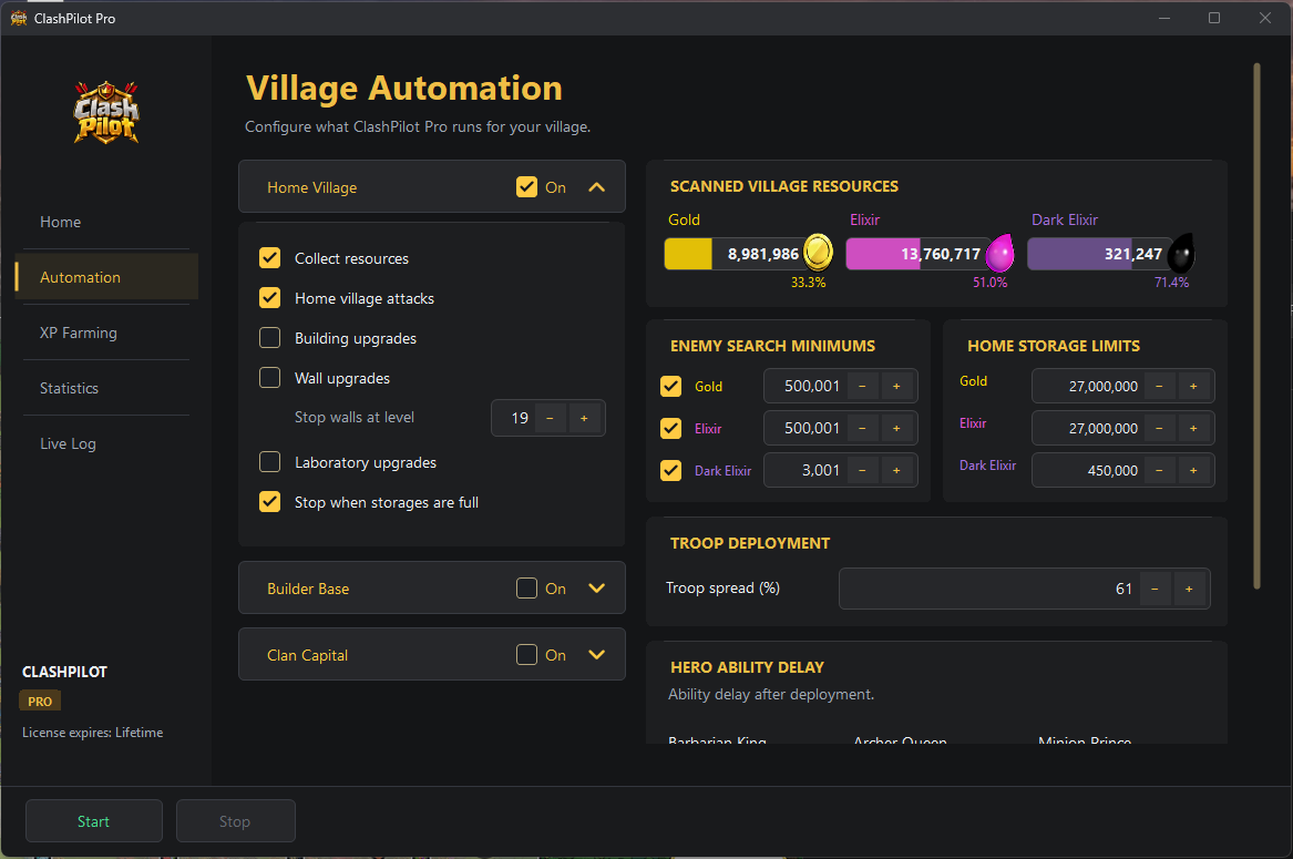 ClashPilot Pro Village Automation screen with resource scanning, enemy search minimums, storage limits, and troop deployment settings